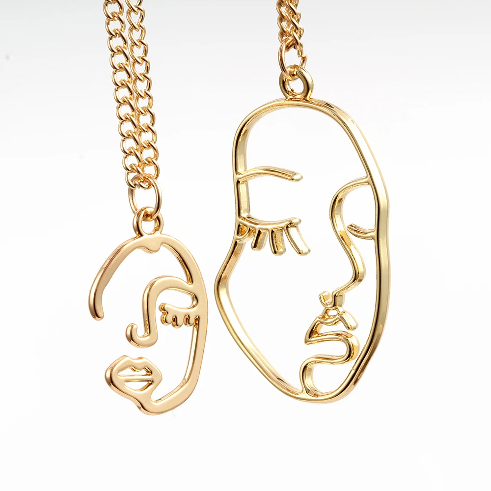 

Wish Card Gold Chain Trendy Abstract Human Face Pendant Necklace Women Double Layers Hollow Facial Contour Long Necklace EY6256