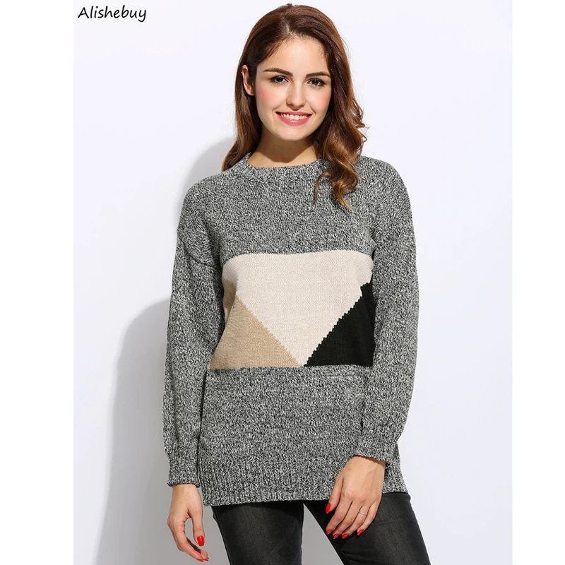 Women Sweater Casual Long Sleeve O Neck Geometric Pattern Patchwork