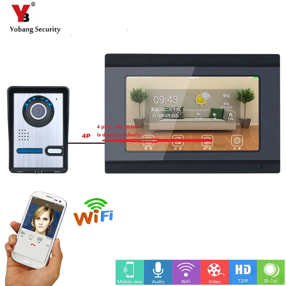 

Yobang Security 7" TFT LCD Smart Wired Wifi Video Door Phone IR-CUT HD 1000TVL APP Control Intercom Unlocking Recording Snapshot