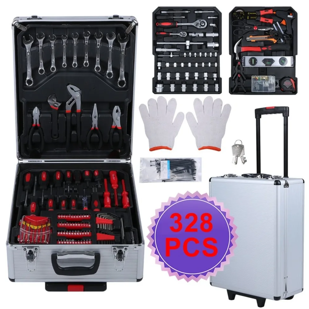 

328Pcs/set Aluminum Alloy Trolley Case Home Auto Repair Car Care Maintenance Hardware Tool Box Set Workshop Equipment Hand Tool