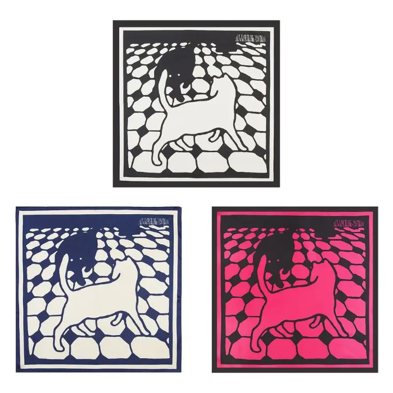 

Women Twill Imitation Silk Neck Scarf Cute Square Floor Black White Cat Neckerchief Office Lady Decorative Bandana Headwrap 60cm