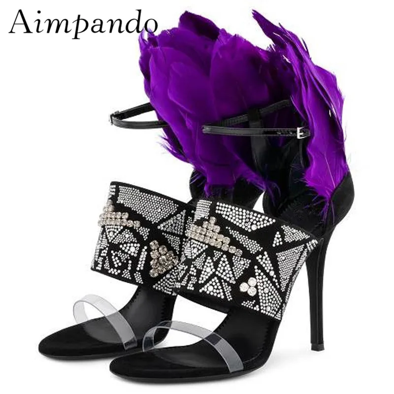 

Summer 2019 PVC One-strap Gladiator Sandals Women Thin High Heels Bling Rhinestone Purple Feather Runway Sandalias