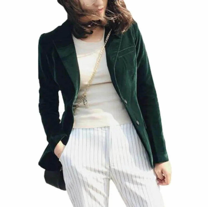 

Autumn fashionable women's velvet blazer Jackets green long-sleeved and pockets Korea slim Jackets Casual ladies Office coat