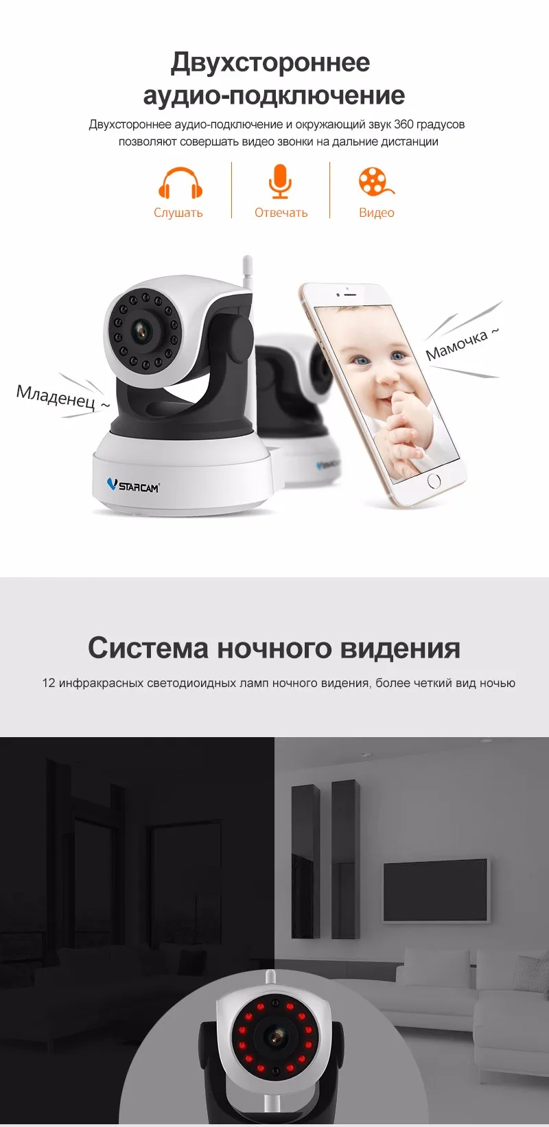 Vstarcam 720П HD WiFi IP-камера Onvfi видеодомофон  Система ночного видения Мобильный удаленный просмотр в Монитор младенца