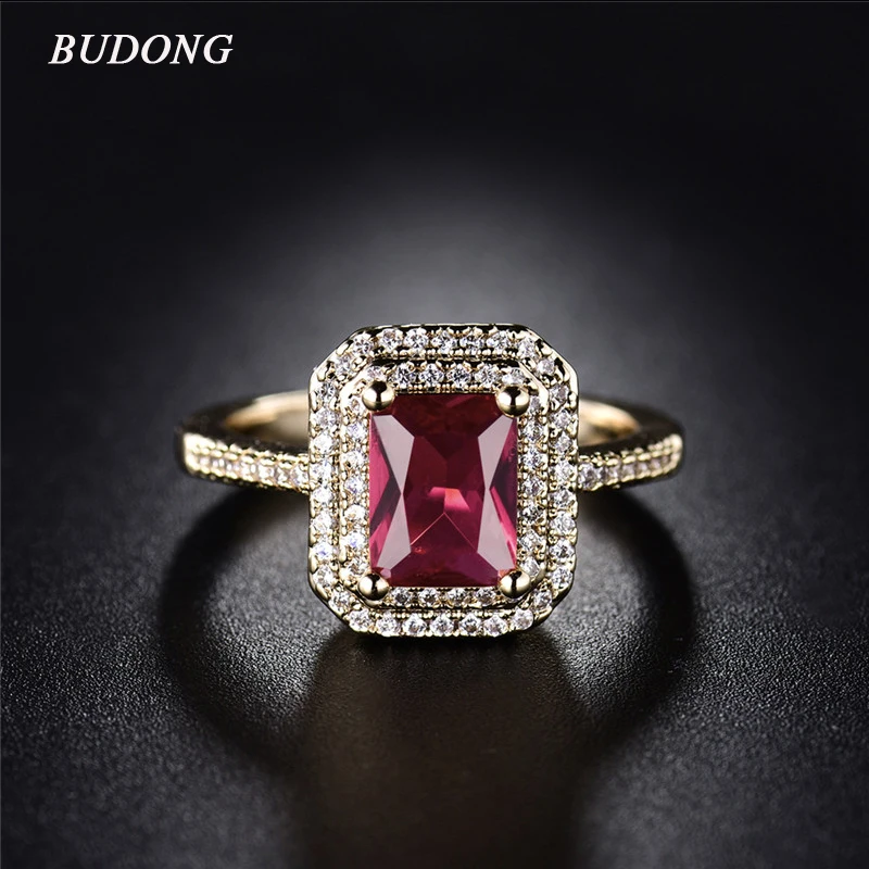 

BUDONG 2017 New Fashion Double Halo Finger Ring Gold-Color Princess Cut Red Crystal Zircon Party Jewelry For Women XUR306