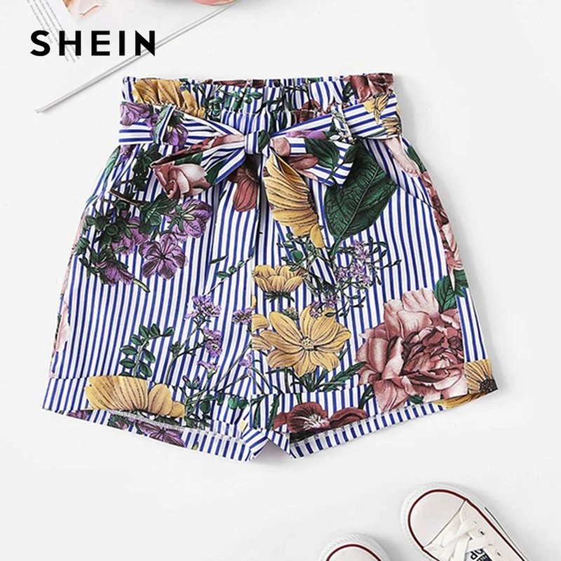 SHEIN Kiddie Girls Self Belted Striped And Floral Boho Shorts Kids Bottom 2019 Summer Beach Style Elastic Waist Pocket Shorts SHEIN Kiddie Girls Self Belted Striped And Floral Boho Shorts Kids Bottom 2019 Summer Beach Style Elastic Waist Pocket Shorts