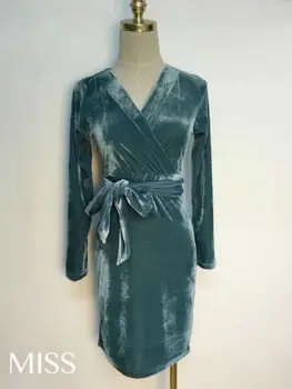 

Fashion sexy 2019 V-neck bow belt slim velvet dress one-piece dress 3 colors