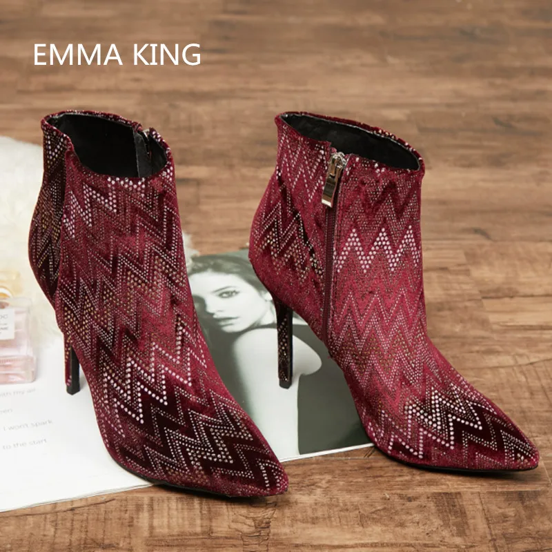 

Spring Autumn Rhinestones Studded Ankle Boots Women Designer Pointed Toe Side Zippers Chelsea Boots Stiletto High Heels Booties