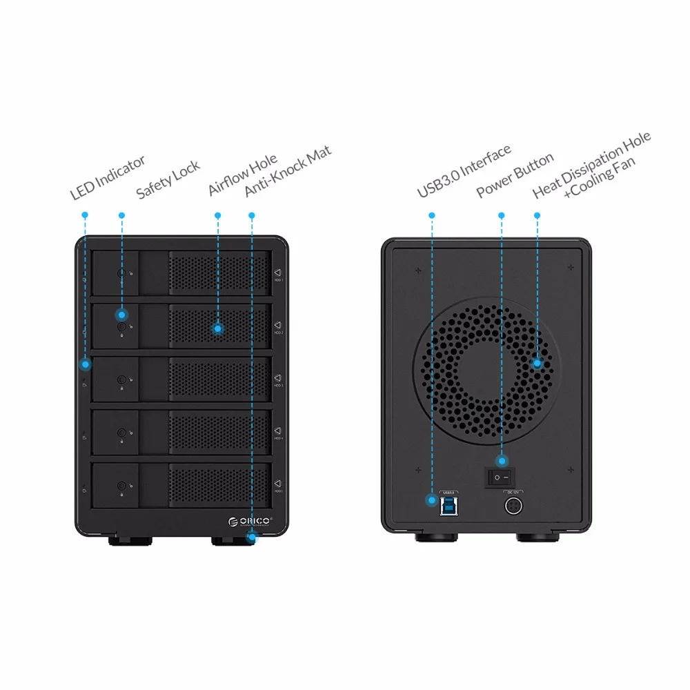 ORICO 5 bay 3,5 дюйма SATA алюминиевый USB3.0 корпус для жесткого диска 50 ТБ макс с 12V6. 5A ЕС вилка адаптер питания из России Склад