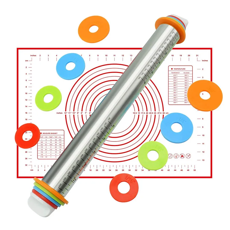 17 дюймов Скалка с тестом мат тесто ролик с 4 съемные регулируемые толщины кольца и кондитерские коврики для выпечки