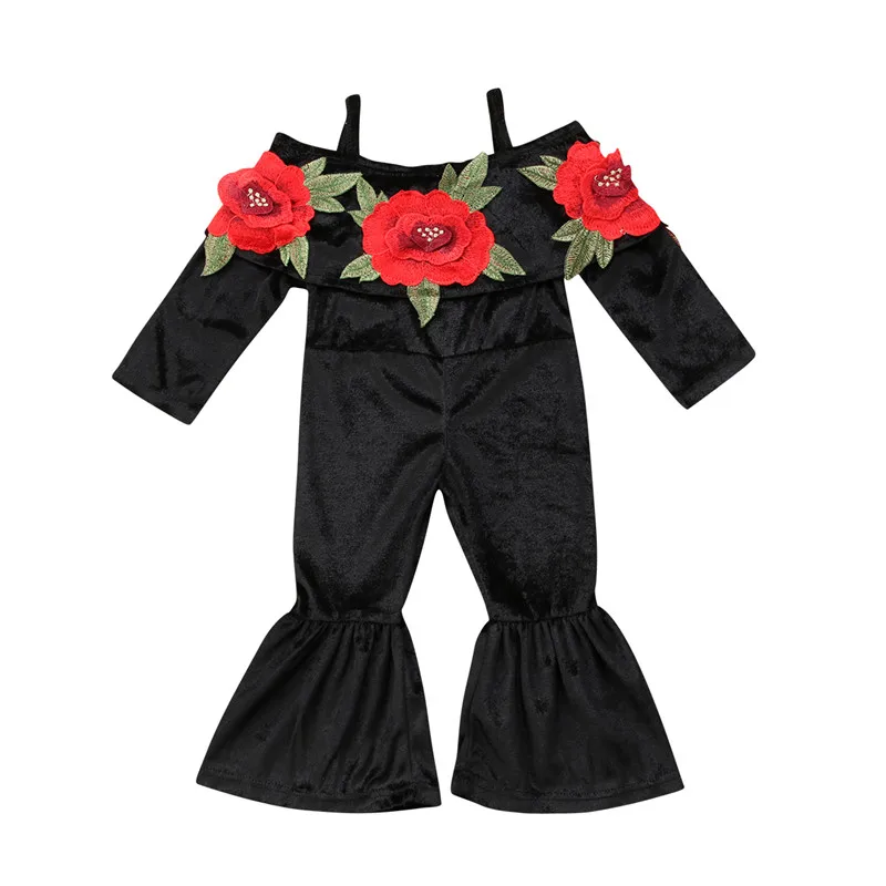 Stylish Toddler Kids Baby Girls Romper Black Flower Velvet Flared