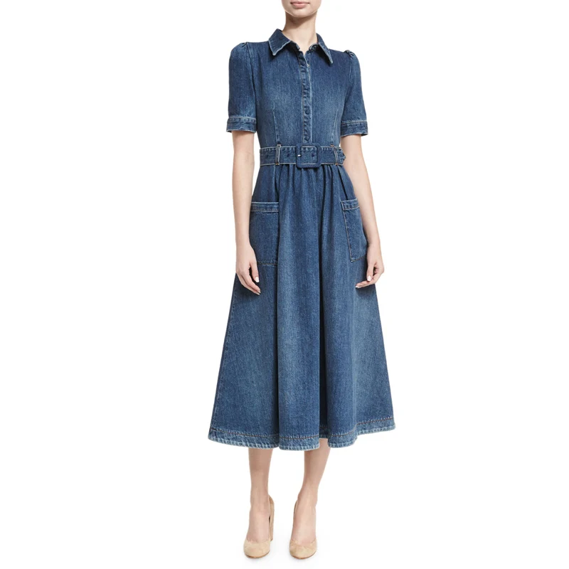 Long Denim Dress For Women 2018 Autumn Vintage short sleeve Pocket blue