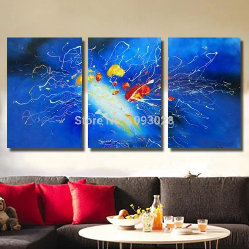 

Pure Hand-painted Oil Painting Decorative Sitting Room Bedroom Wall Art 3 Spell Blue Abstract Painting Canvas Picture Wall Art