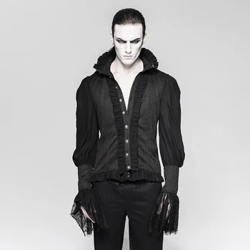 

PUNK RAVE Men Gothic Dovetail Palace Shirt Steampunk Vintage Evening Party shirt Lace Sleeve Black Blouses with Stand Collar