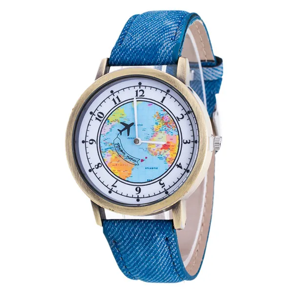Нежные Горячие женские модные ретро часы женские башня карта мира ковбойский ремешок аналоговые кварцевые наручные часы женские часы-браслет P30 - Цвет: Blue