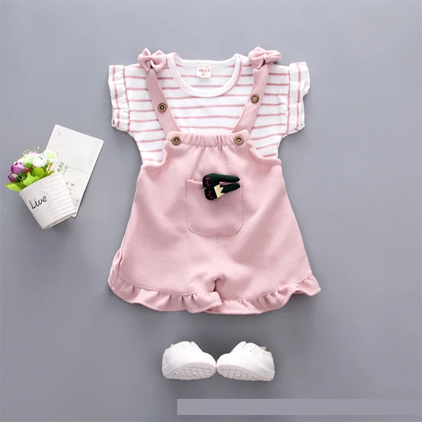 JBB tuzi Pink Летняя одежда для маленьких девочек Детская полосатая футболка мультяшное украшение шорты на бретелях спортивный костюм Одежда для новорожденных комплекты одежды для младенцев - Цвет: JBB tuzi Pink