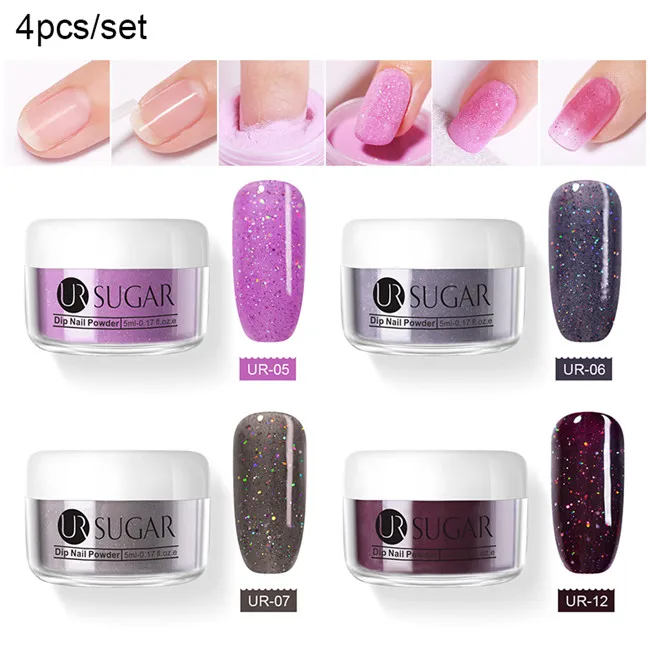 UR SUGAR 5pcs Dipping Nail Glitter Powder Kits Without Lamp Cure Dip System French Manicure with Base Activator Liquid Gel Set - Цвет: 4pcs nude3