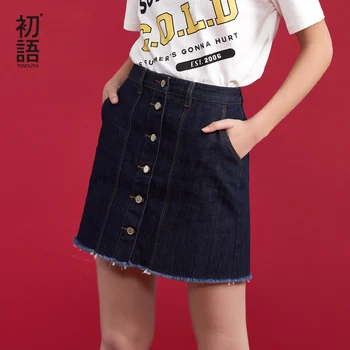 

Toyouth Denim Skirts Women Summer New Mid Waist Mini Jeans Skirts Button All-Match Female Skirt
