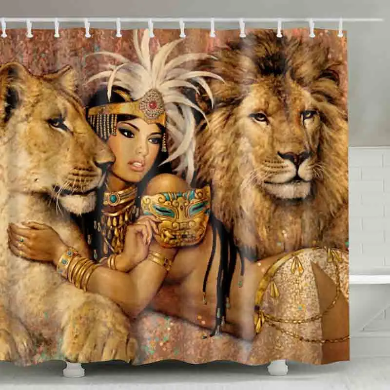 

Animals Shower Curtain Beauty Woman With Lions Waterproof 3D Shower Curtain African Wild Printed Curtain for Home Bathroom Decor