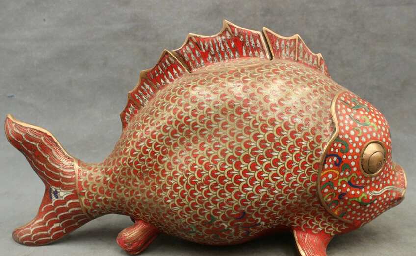 

fast shipping USPS to USA S1738 17" Folk Chinese Cloisonne Enamel Pure Bronze Wealth Fish Statue Sculpture Pot