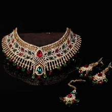 2017 3PC Jewelry Mujer India Maxi Necklace Rhinestones&Pearl Leaf Shape Crystal Women Headwear Earring Collier Choker Statement