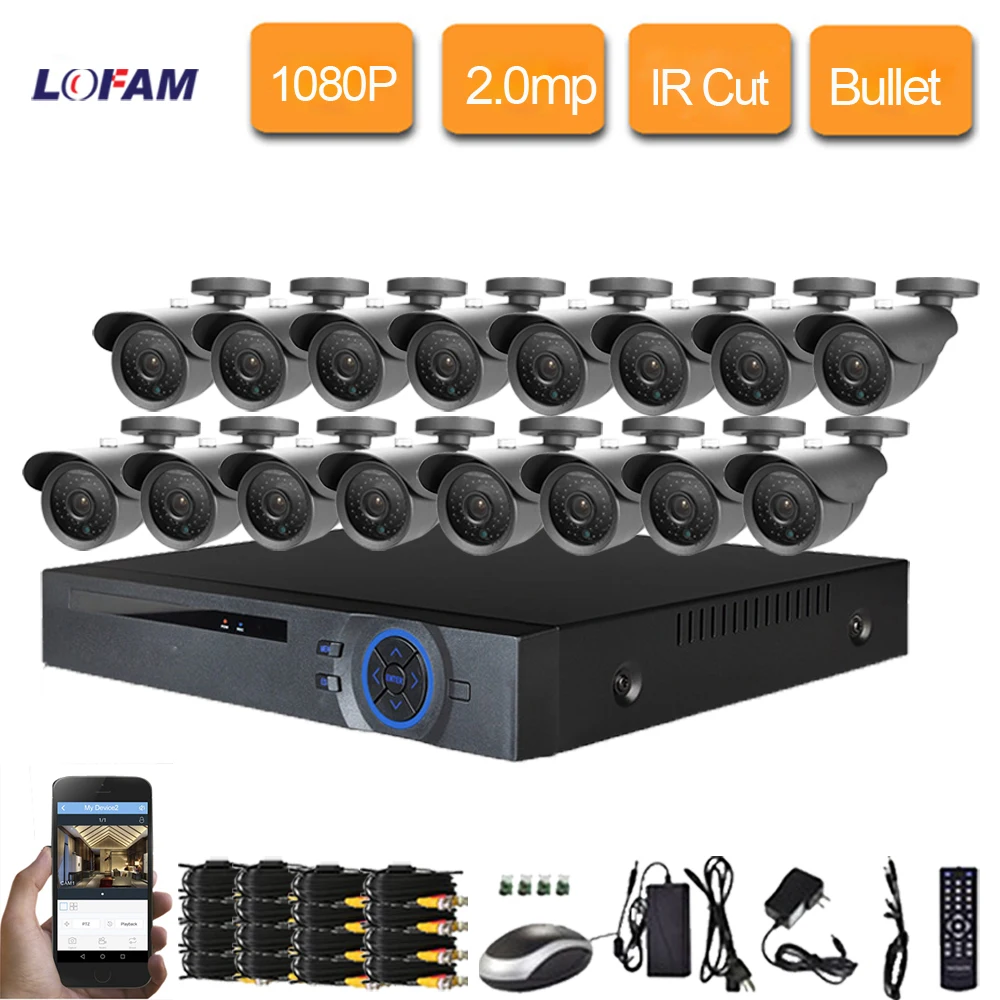 LOFAM 16CH 2MP 1080P HD CCTV Kit HDMI DVR 16PCS Bullet Outdoor