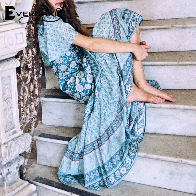 Everkaki/длинное платье с принтом для женщин, Boho, регулируемые пояса, короткий рукав, v-образный вырез, богемные женские платья, весна-лето
