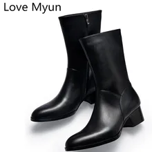 Новинка; сезон осень-зима; мужские ботинки из натуральной кожи на высоком каблуке; модные теплые мужские ботинки с острым носком на молнии с плюшевой подкладкой; ковбойские военные ботинки