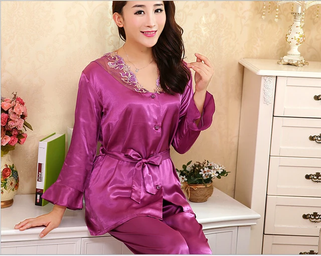 Women silk embroidery lace v neck long sleeves nightgown nighty, lady ...