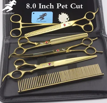 

8 "Professional pet grooming kit, direct and thinning scissors and curved pieces 4 pieces. Golden scissors set