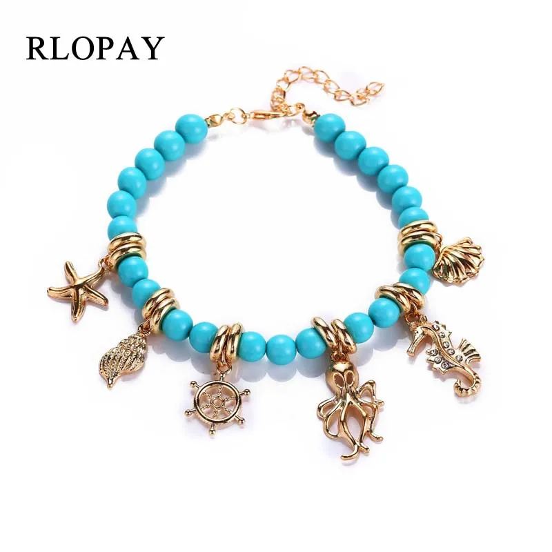 

RLOPAY Fashion Ocean Decoration Bohemian Anklet Women Shell Conch Seahorse Anchor Pendant Blue Bead Chain Foot Leg Bracelets