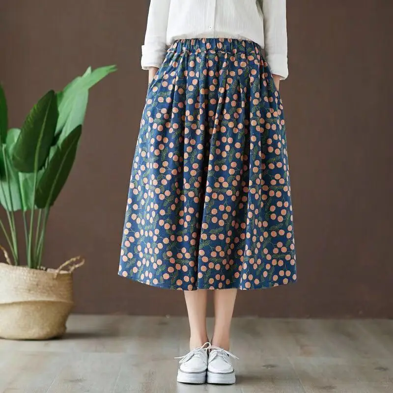 

Vintage cotton fruit cherry sweet print A-line skirt saia female autumn