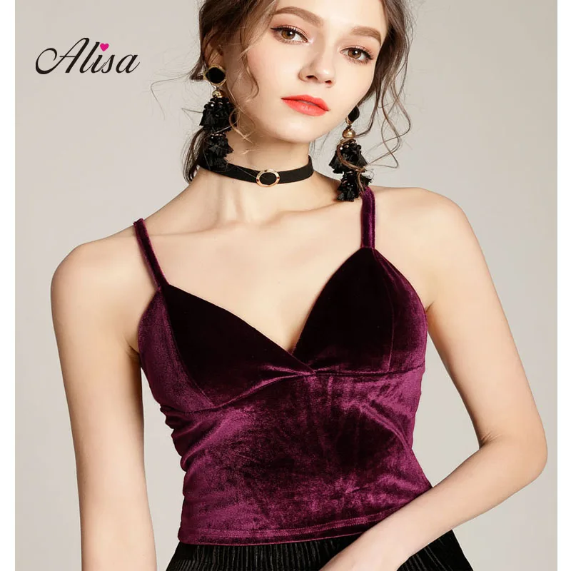 

Velvet Crop Top New 2018 Woman Summer V Neck Basic Solid Tank Tops Elengat Lady Sexy Spaghetti T Shirts Slim Short Camis