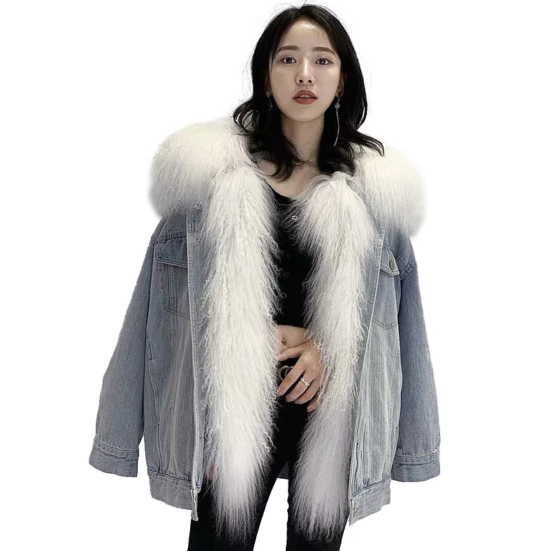 

Winter Hardy Warm Denim Coats Female Lamb Fur Collar Cotton Shell Casual Jackets Women Loose Outerwear