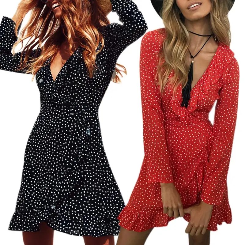 Sexy Women Long Sleeve Chiffon Polka dot Dress Deep V neck