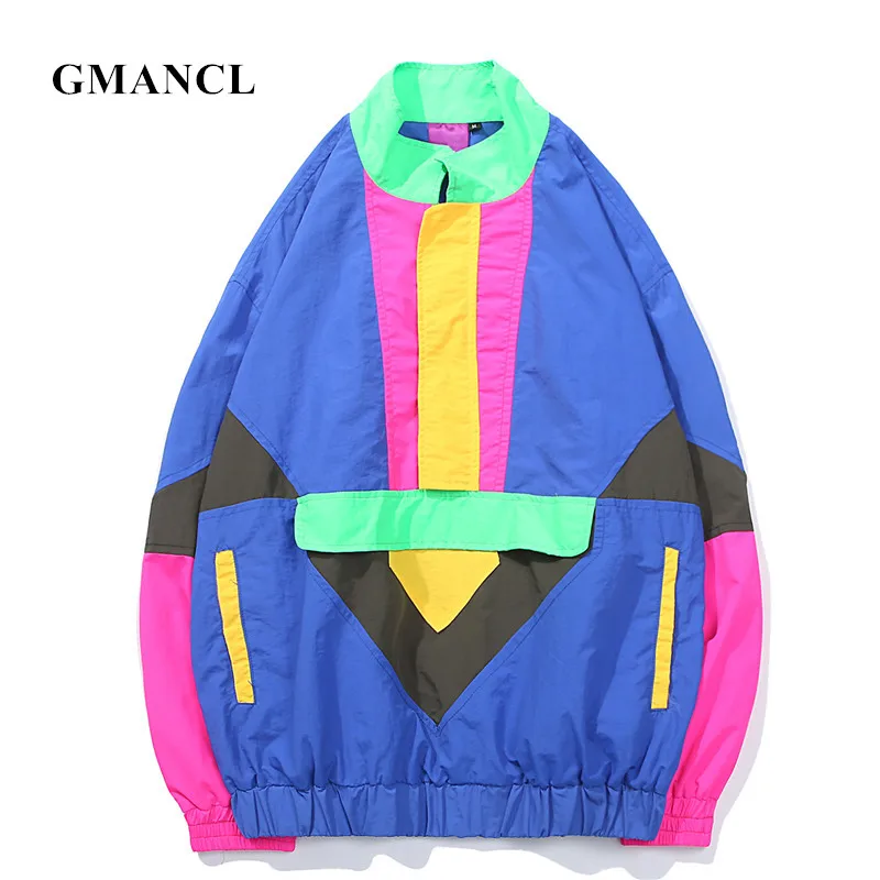 

GMANCL Men Autumn Loose Multi-color stitching Hip Hop Pullover Jackets Mens Casual Patchwork High quality Windbreaker Coats
