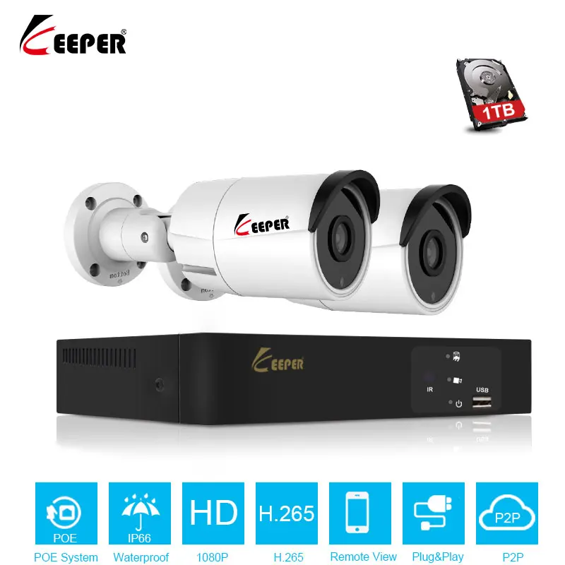 Камера видеонаблюдения 2 шт. POE NVR H.265 МП 1080P водонепроницаемая P2P 4 канала|Система