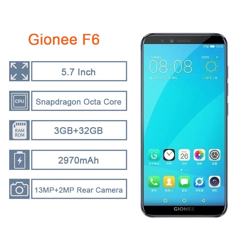 Gionee F6 мобильный телефон Android 7 1 4G LTE Snapdragon Octa Core 3 ГБ 32 глобальная сеть 5 &quot2970 мАч 18:9
