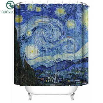 

Polyester Waterproof Shower Curtain Seahorse Starry sky Oil Painting 12pc Hooks Mildew Resistant Bath Curtain Bathroom Decor