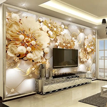 

Self-adhesive Removable Sticker Wall Mural Wallpaper 3D European Style Soft Bag Golden Flower Jewelry Living Room TV Background