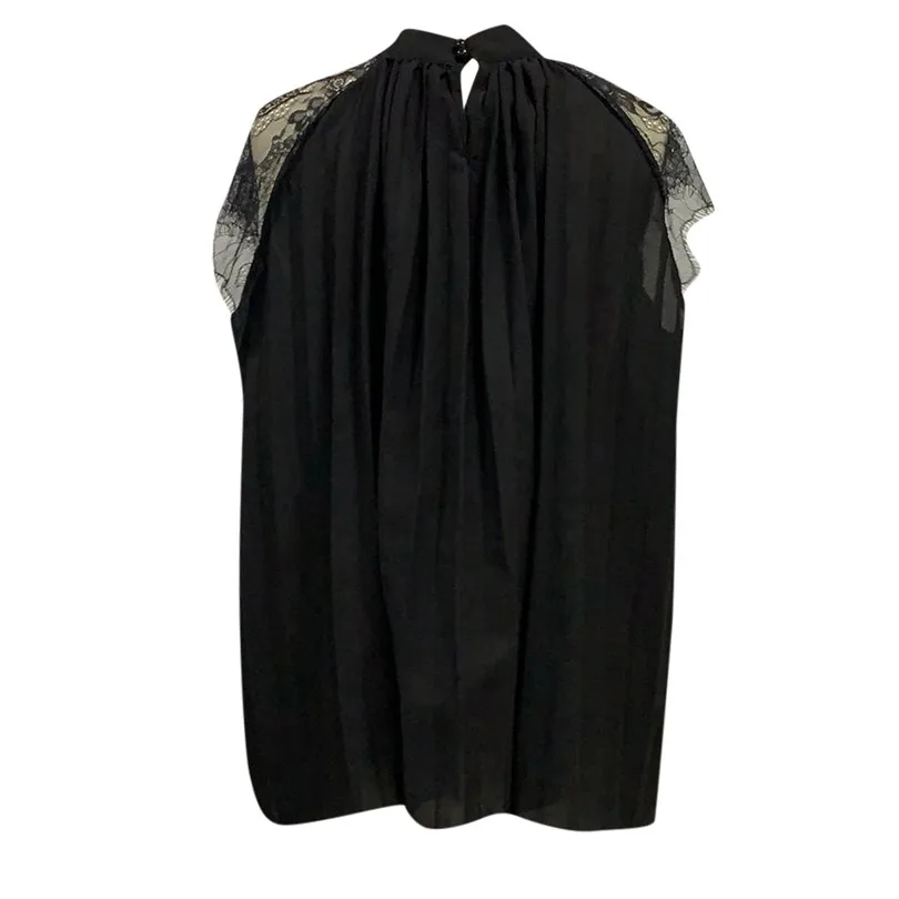 Women Clothes Summer O-Neck Lace stitching pleated loose chiffon Shirt Top Daily Fashion Casual Ladies Tops #4M19 (6)