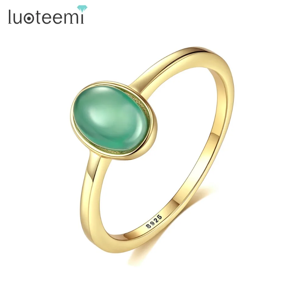 

LUOTEEMI 925 Silver Sterling Oval Green Natural Stone Rings for Women Wedding Party Simple Fine Jewelry Anniversary Gift