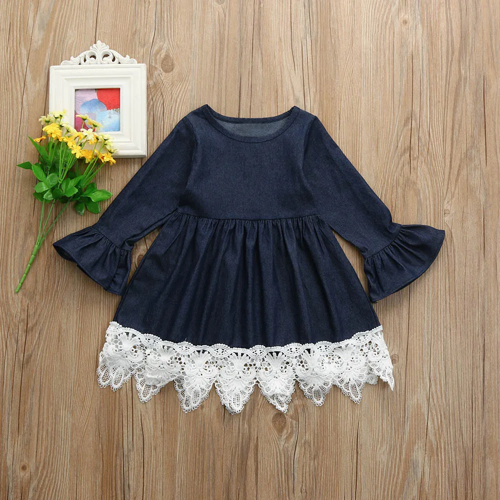 Toddler Baby Girl Clothes Denim Flare Sleeve Dress Lace Splice Cute Sundress Set 