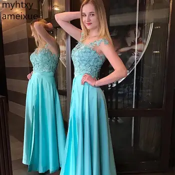 

Plus Size Blue Prom Dresses Scoop Neck Cap Sleeves Long Formal Party Gowns Appliques Beaded Buttons Back 2020 Elegant Women Gown