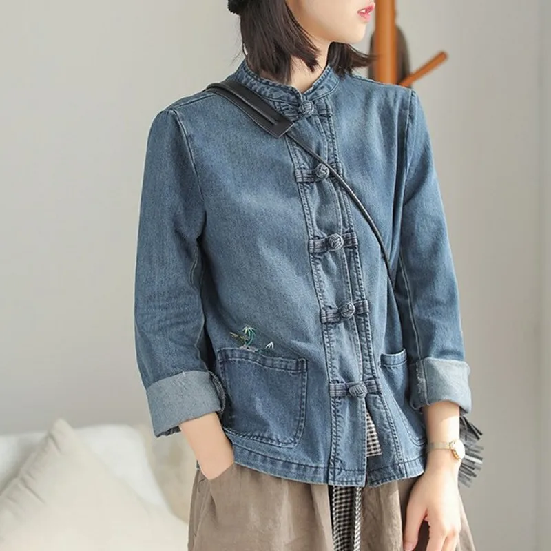 Blusas Mujer De Moda, однобортная джинсовая рубашка в китайском стиле с длинными рукавами, винтажная Свободная Повседневная Блузка с цветочным узором