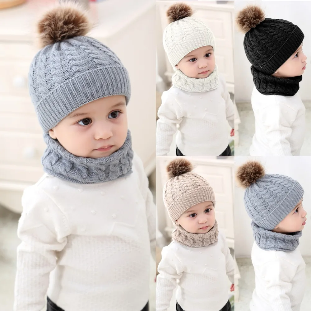 Winter Autumn Women Kids Babys Family Warm Knitted Beanies Cap Hat with Fur Ball