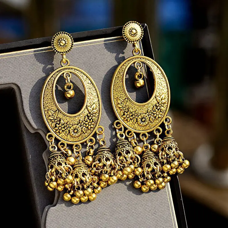 

DOUVEI Classical Water Drop Jhumkas Earrings Indian Jewelry Women Vintage Ethnic Bells Tassel Earrings Flower Turkish Bijoux