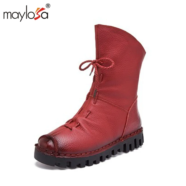 MAYLOSA Nouveau Femmes Style Vintage En Cuir Véritable Femmes Bottes Plat Chaussons Vachette Souple Chaussures Avant