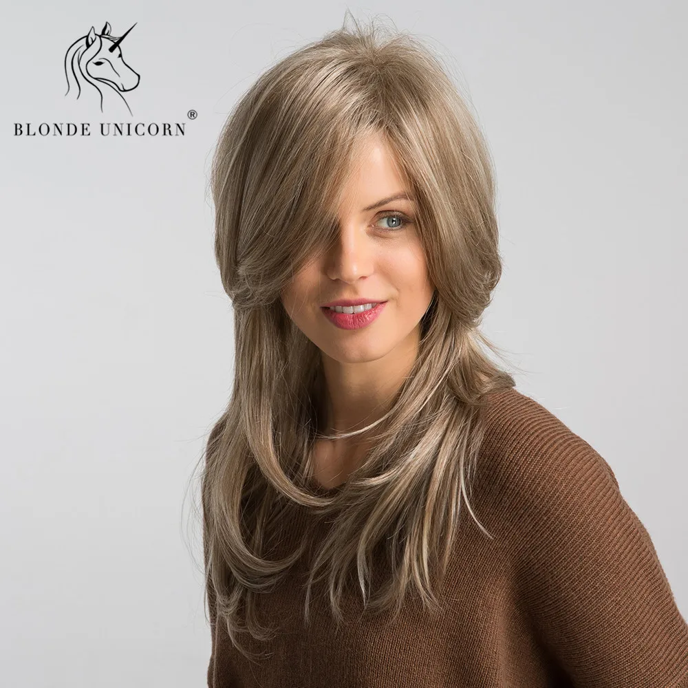 

Blonde Unicorn 20 Inch Synthetic Fluffy Layered Wig Light Brown with Highlight Natural Wave Inclined Parting Hairstyle