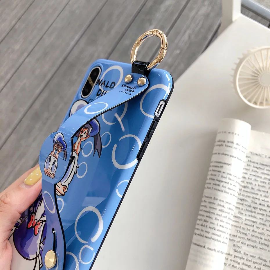 Donald Daisy Duck Case for iPhone 7 8 6 6S Plus Cute Cartoon Wrist Strap Bracket Phone Cover for iPhone XS Max XR X Case Funda